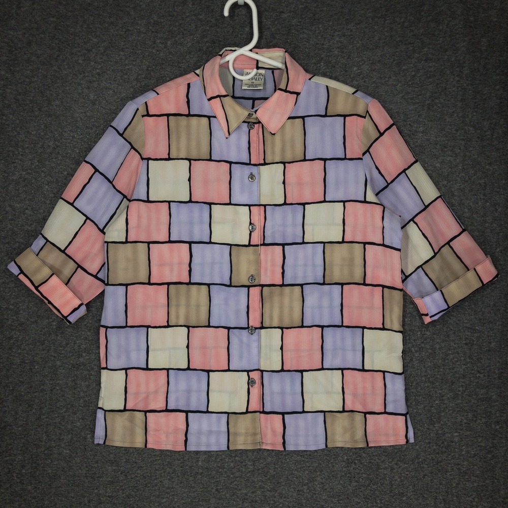 Vintage Allison Daley Blouse Women's 10 Pastel Color Block Half Sleeves Button